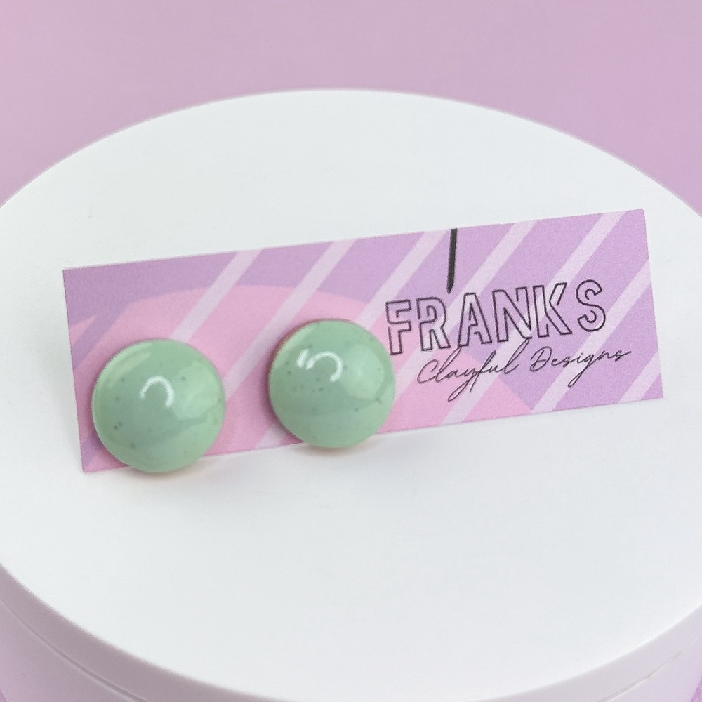 Round Green Glossy Handmade Polymer Clay Big Stud Earrings